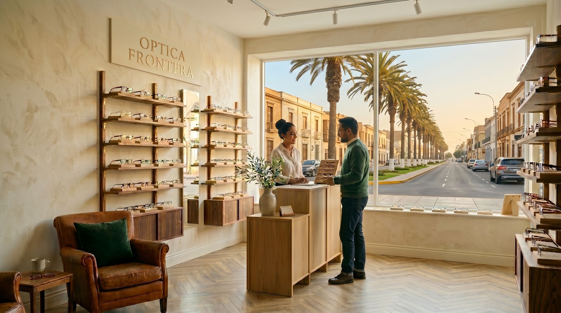 Interior de Óptica Frontera con vista a la Avenida Bolognesi