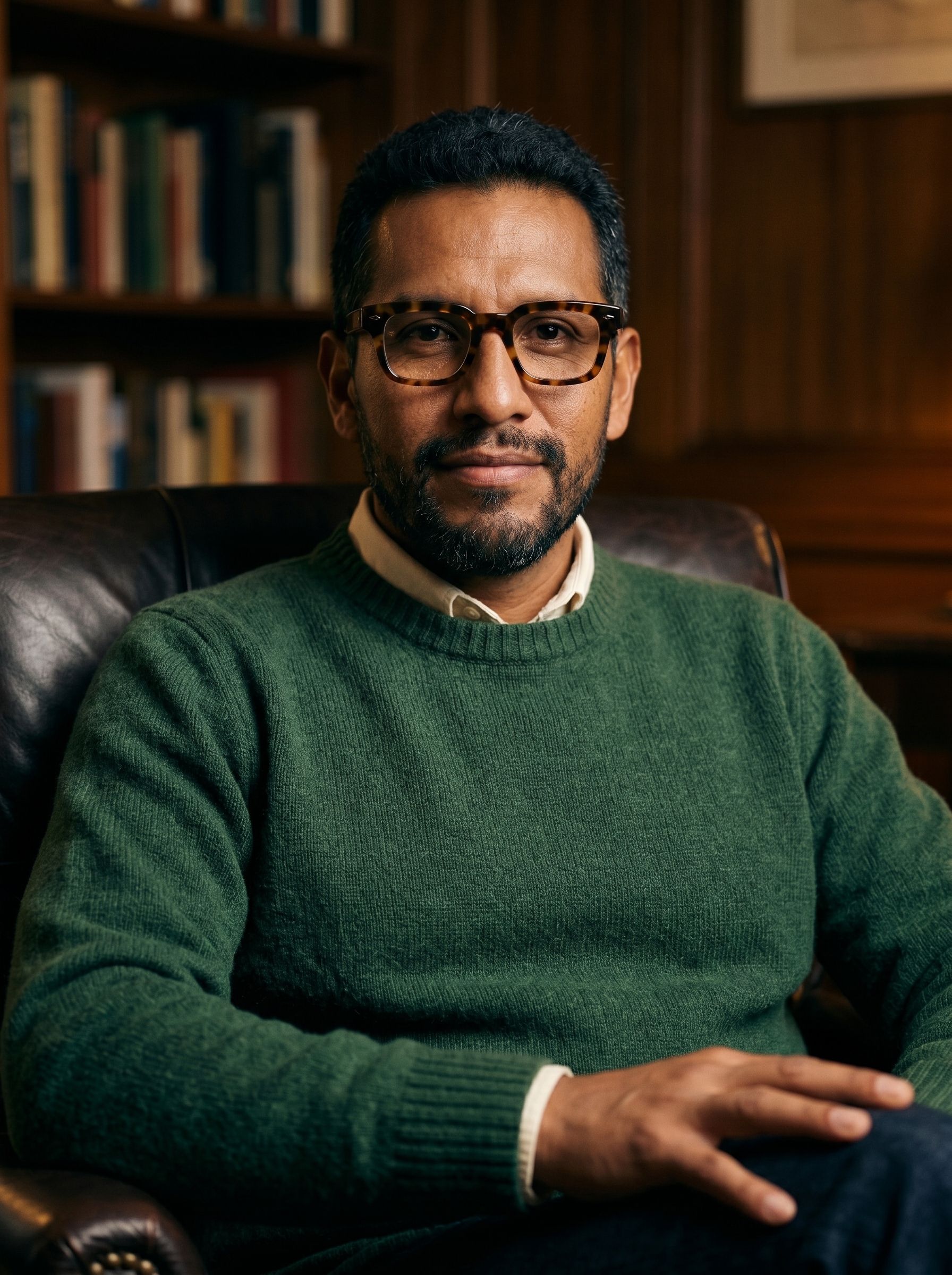 Hombre con gafas tortoise en biblioteca